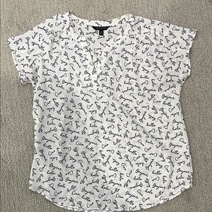 Banana Republic White and Navy travel Script Blouse